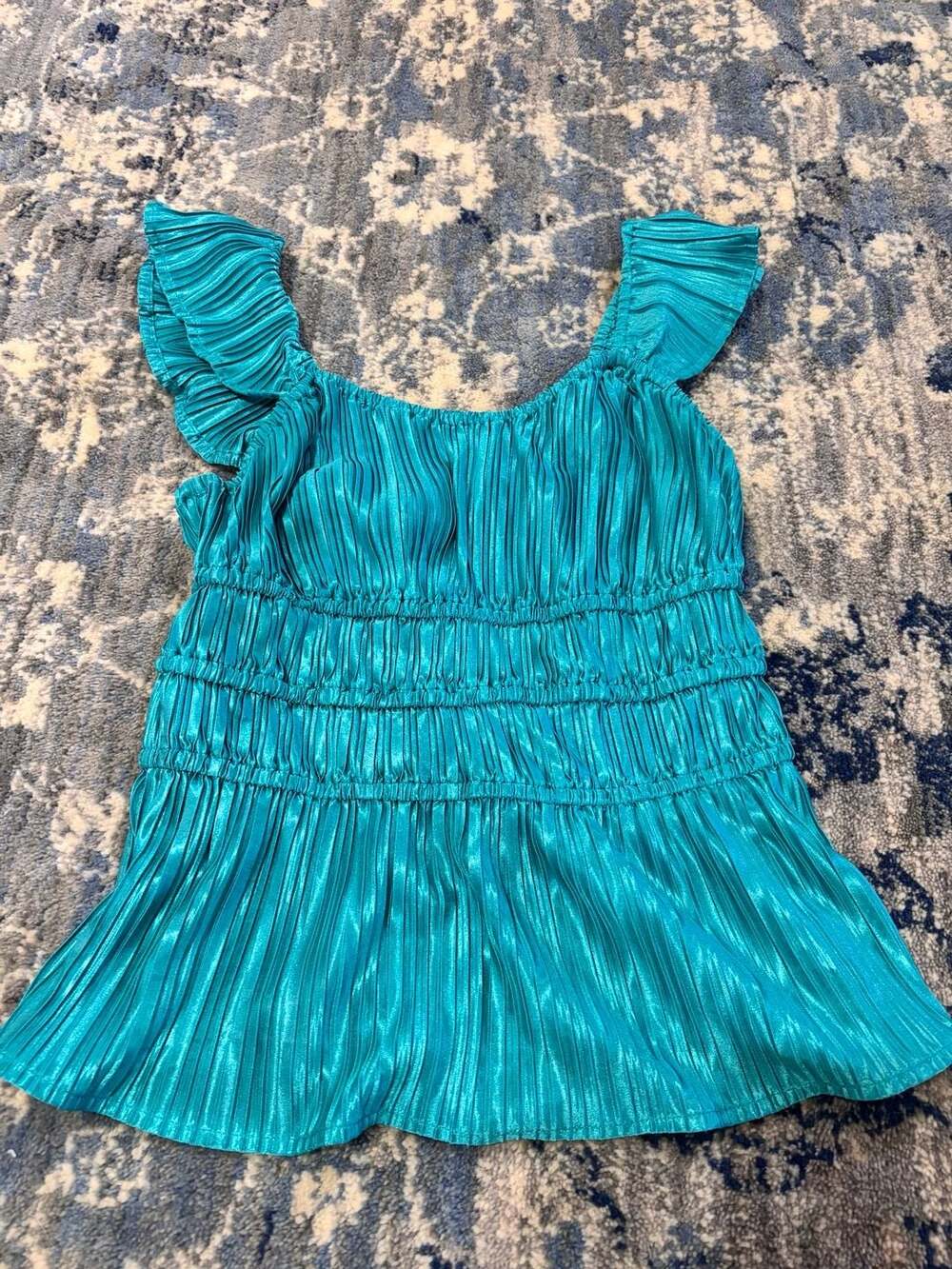 Entro Pleated Teal Blue Smocked Ruffle Top